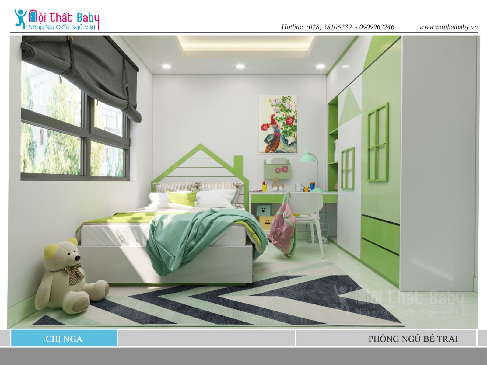 Phòng ngủ bé trai màu xanh lá cây tươi mát